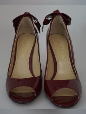 Enzo Angiolini Burgundy Patent Peep-Toe Heels with Ankle Bow
